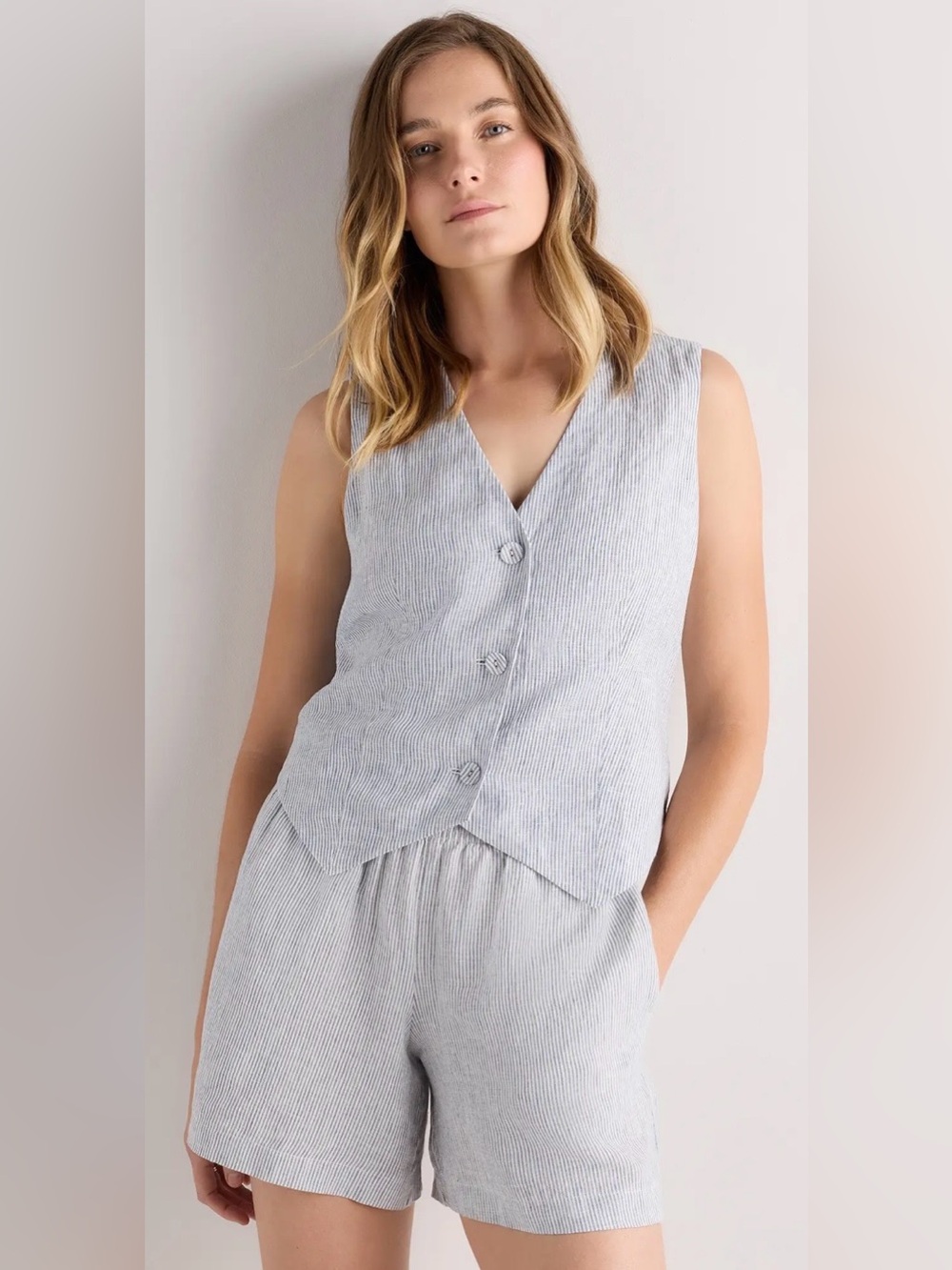 Quince Vest with Navy Pinstripe Sz XS NWT 100% Linen